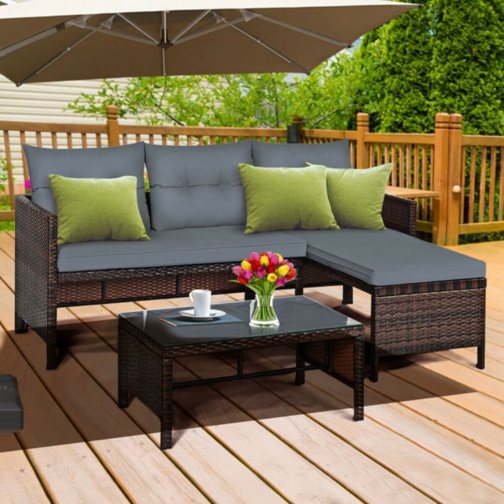 3-Piece Wicker Outdoor Corner Sectional Sofa Set with Gray Cushions and Coffee Table