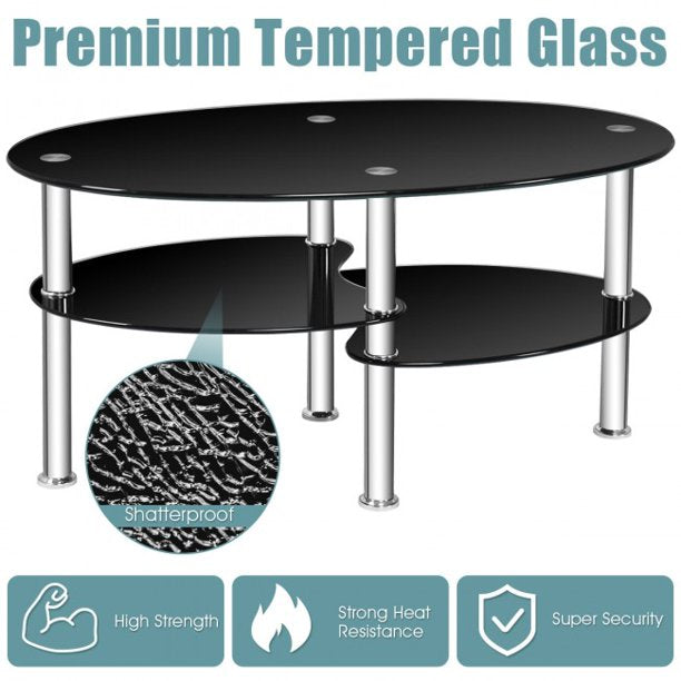 Tempered Glass Coffee Table Oval Side Desk Modern End Table