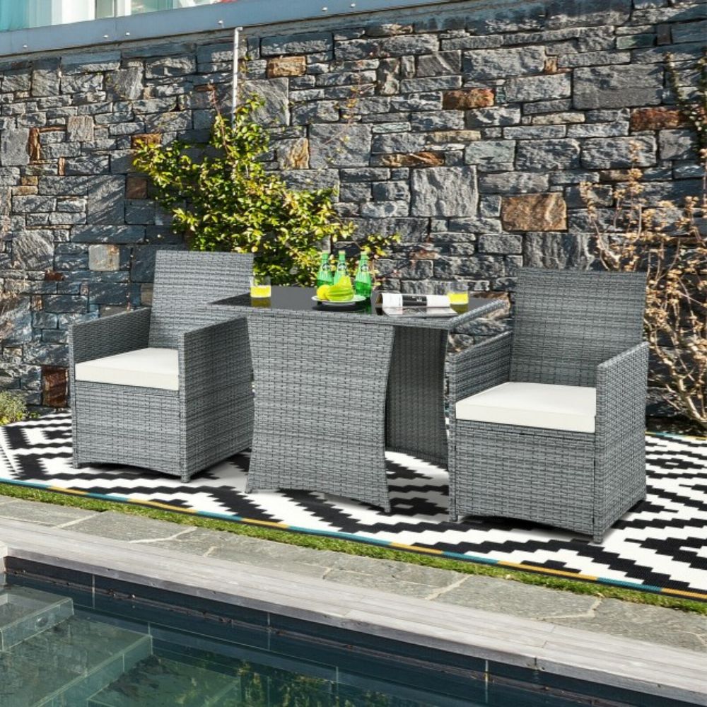 3-Piece Patio Rattan Wicker Outdoor Bistro Set Dining Table Set with White Cushions