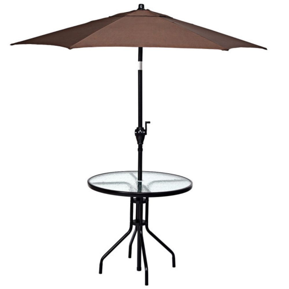 32 in. Patio Metal Round Outdoor Dining Table with Umbrella Hole and Tempered Glass