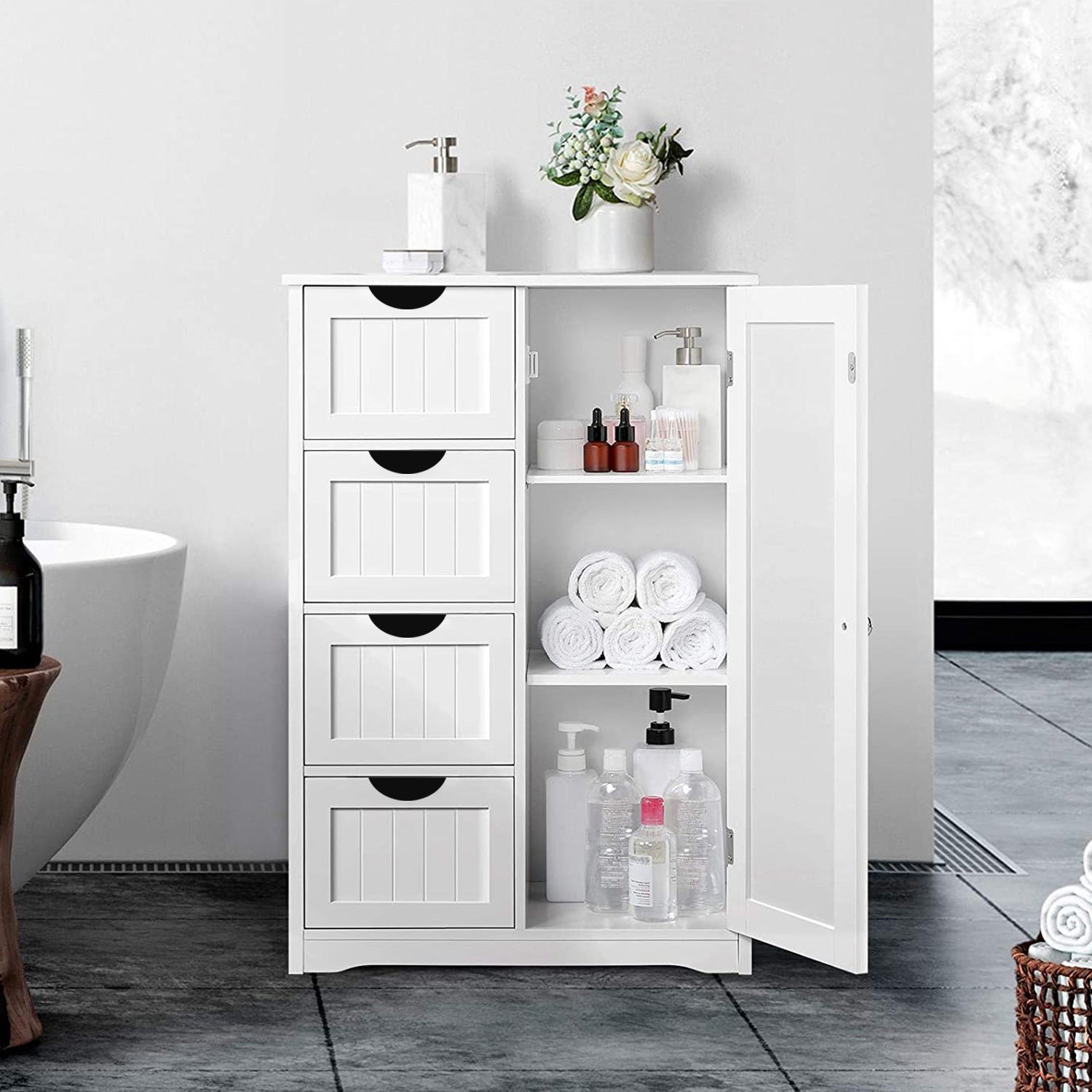 SUGIFT Storage Cabinet Wooden 4 Drawer Bathroom Entryway Cupboard, White