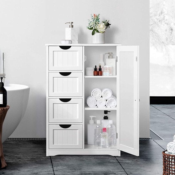 SUGIFT 4 Drawer Storage Cabinet Wooden Bathroom Entryway Cupboard, White