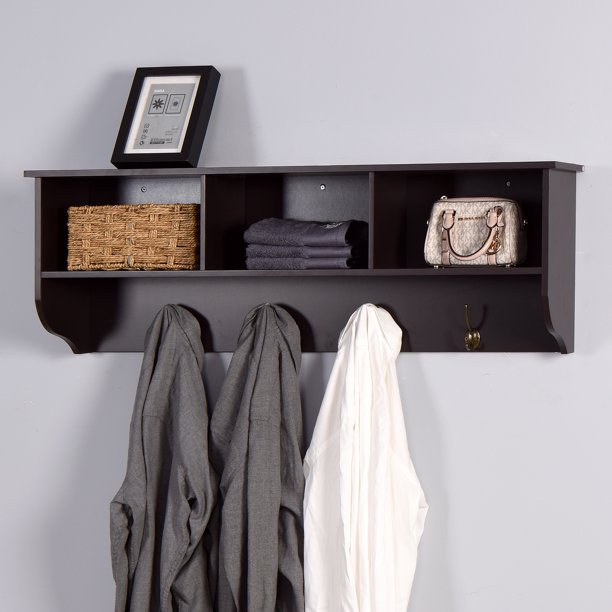 SUGIFT Entryway Wall Mounted Coat Rack with 4 Dual Hooks Living Room Wooden Storage Shelf Kitchen Bedroom