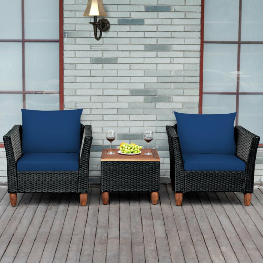 3-Pieces Rattan Outdoor Patio Conversation Set with Navy Cushions