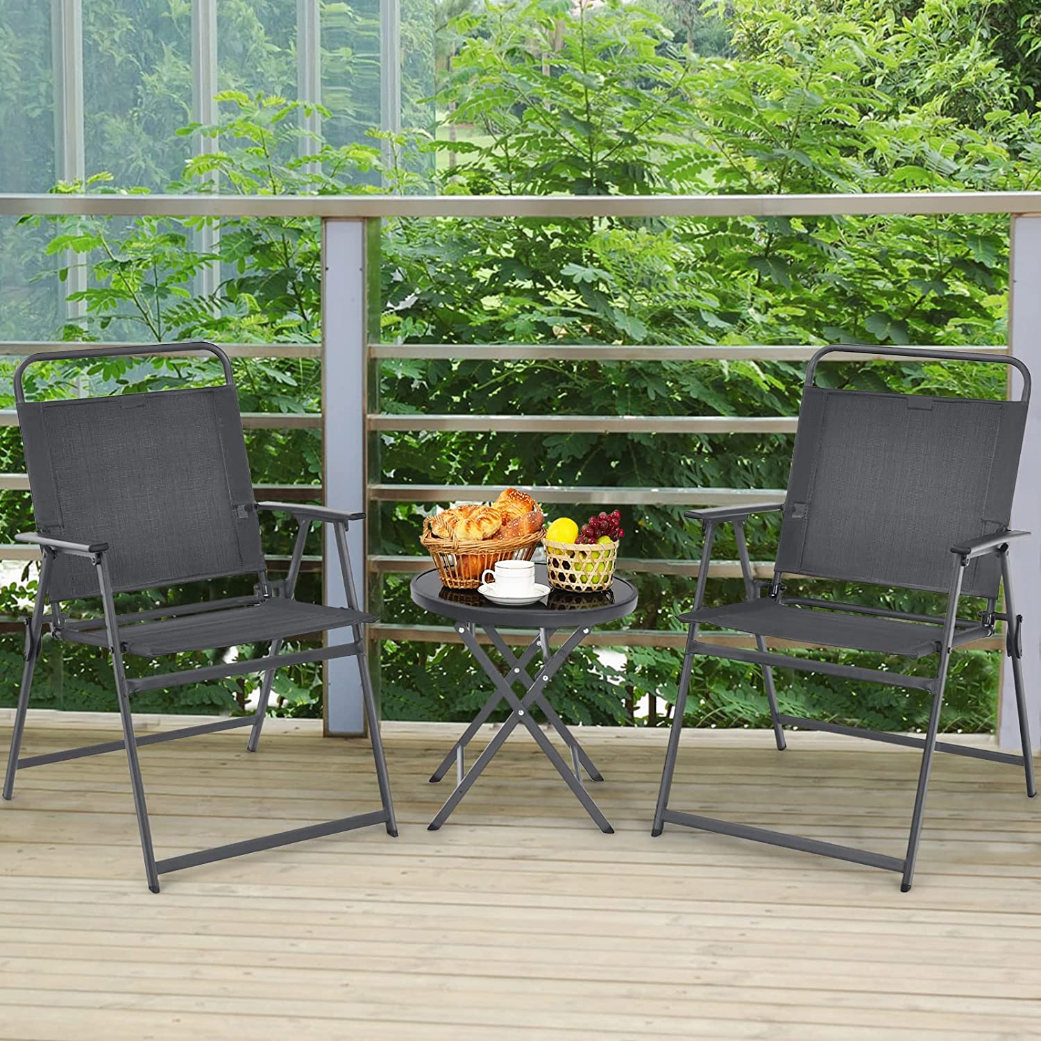 Gray 3-Pieces Metal Patio Outdoor Set with Folding Table and Chairs
