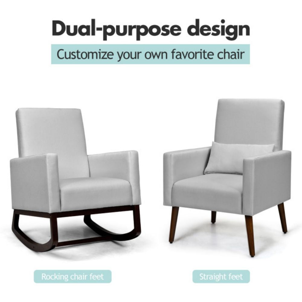 2-in-1 Wood Fabric Upholstered Patio Outdoor Rocking Chair in Light Gray with Cushion and Pillow