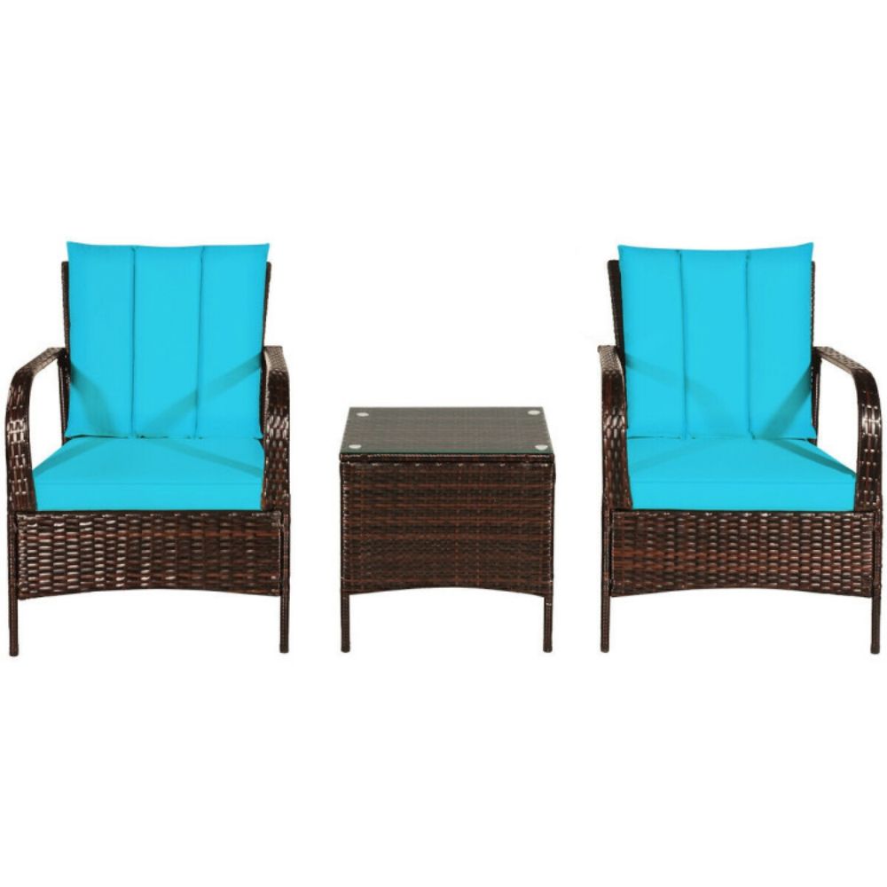 3-Pieces Outdoor Wicker Patio Conversation Furniture Set with Turquoise Cushion