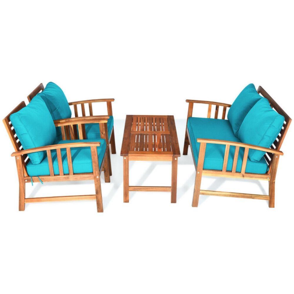 4-Piece Acacia Wood Outdoor Patio Conversation Set with Turquoise Cushions