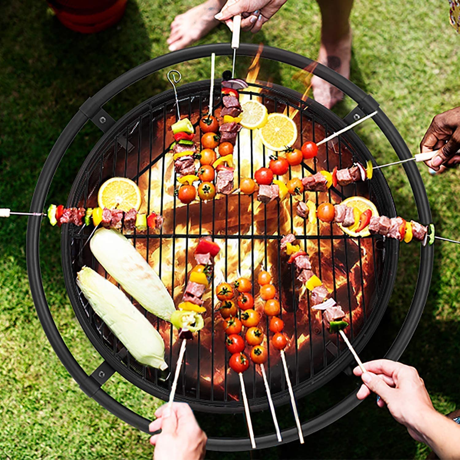 32 in. x 26 in. Round Metal Wood Burning Fire Pit with Cooking Grill and Spark Screen