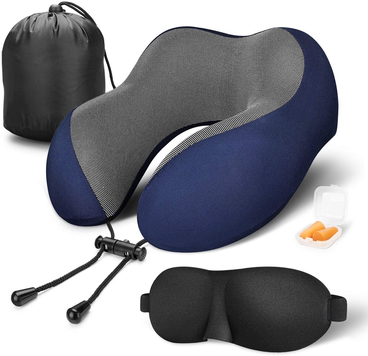 SUGIFT Travel Pillow 100% Pure Memory Foam Neck Pillow, Comfortable & Breathable Cover, Machine Washable, Airplane Travel Kit with 3D Contoured Eye Masks, Earplugs, and Luxury Bag, Standard (Blue)