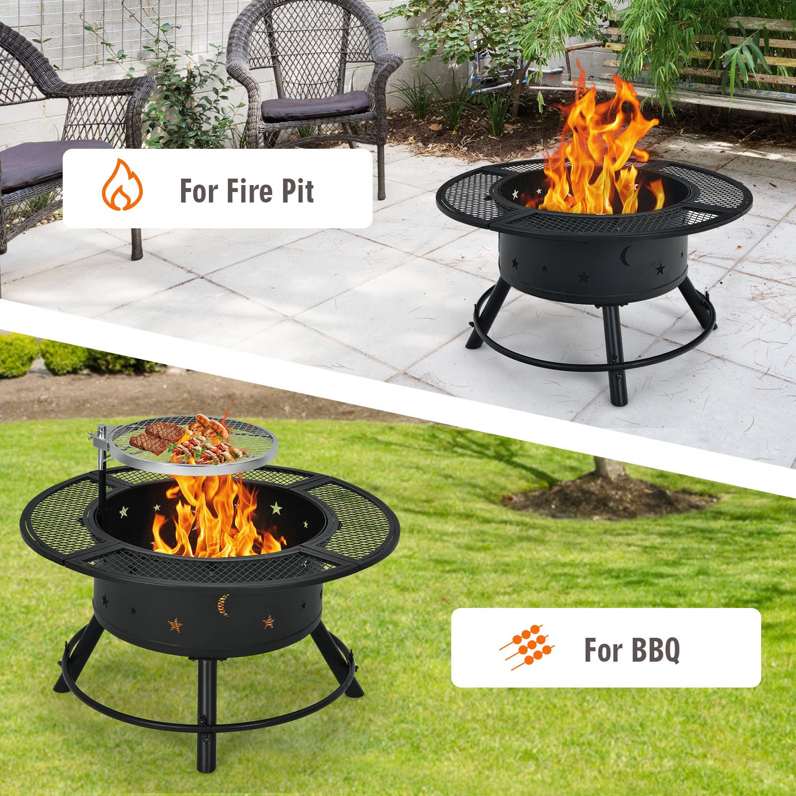 32 in. Metal Outdoor Wood Burning Fire Pit in Black with 360-Degree Swivel BBQ Grate and Poker