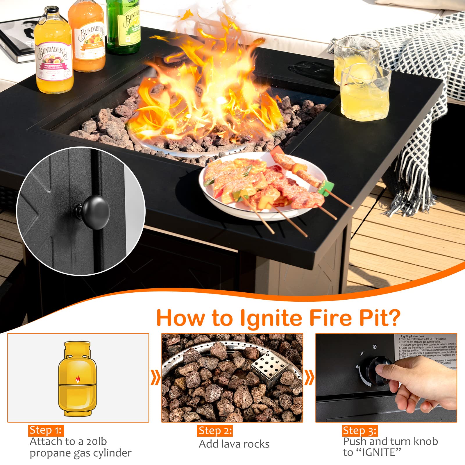 50000 BTU 28 in. x 25.5 in. Metal Square Outdoor Propane Gas Fire Pit Table with Lava Rock