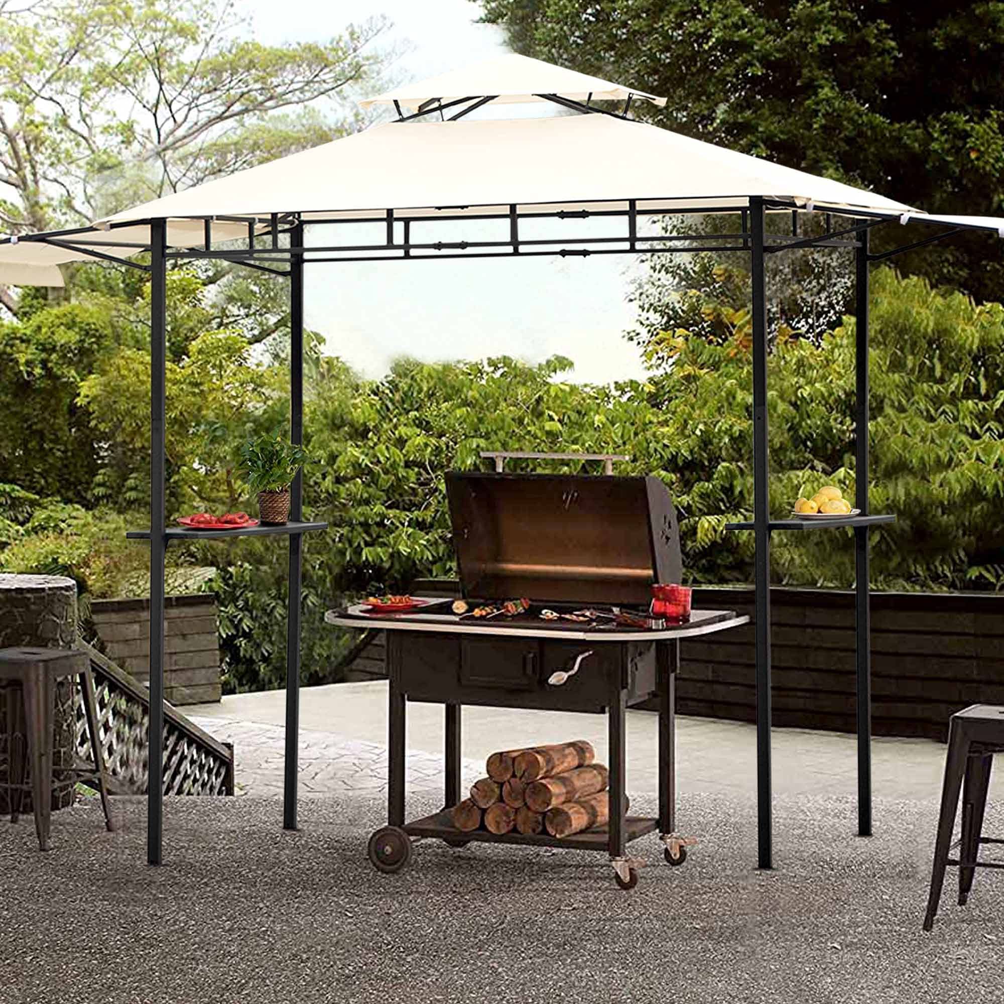 SUGIFT 12 ft. x 4.3 ft. Iron Double Tiered Backyard Patio BBQ Grill Gazebo with Bar Counters