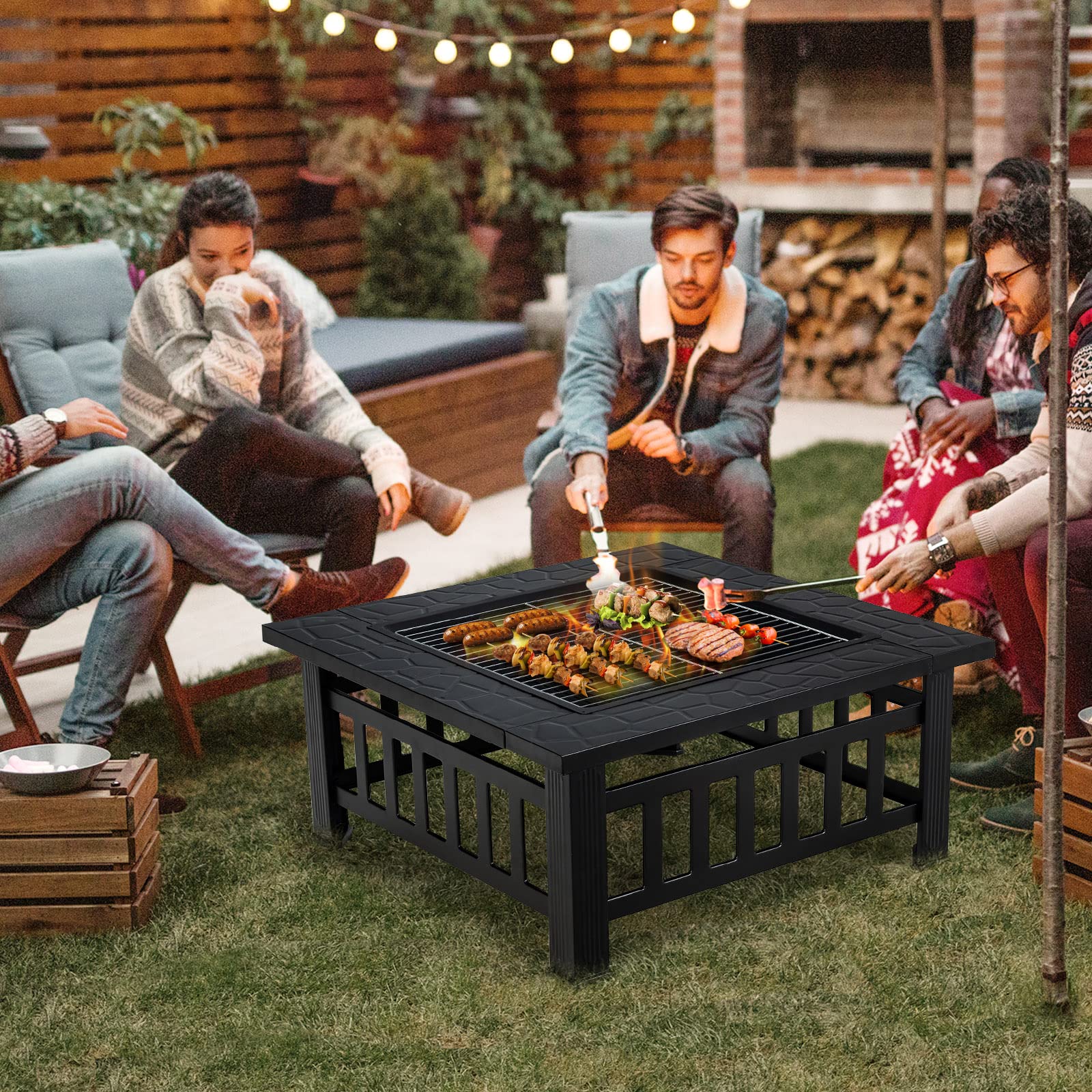 32 in. W x 19.5 in. H Square Metal Outdoor Patio Wood Burning Fire Pit in Black with Poker and Water Resistant Cover