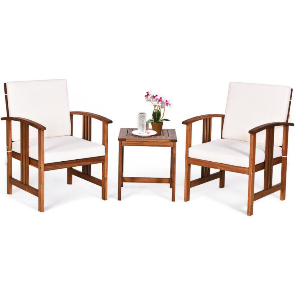 3-Pieces Outdoor Wooden Patio Conversation Furniture Set with White Cushion