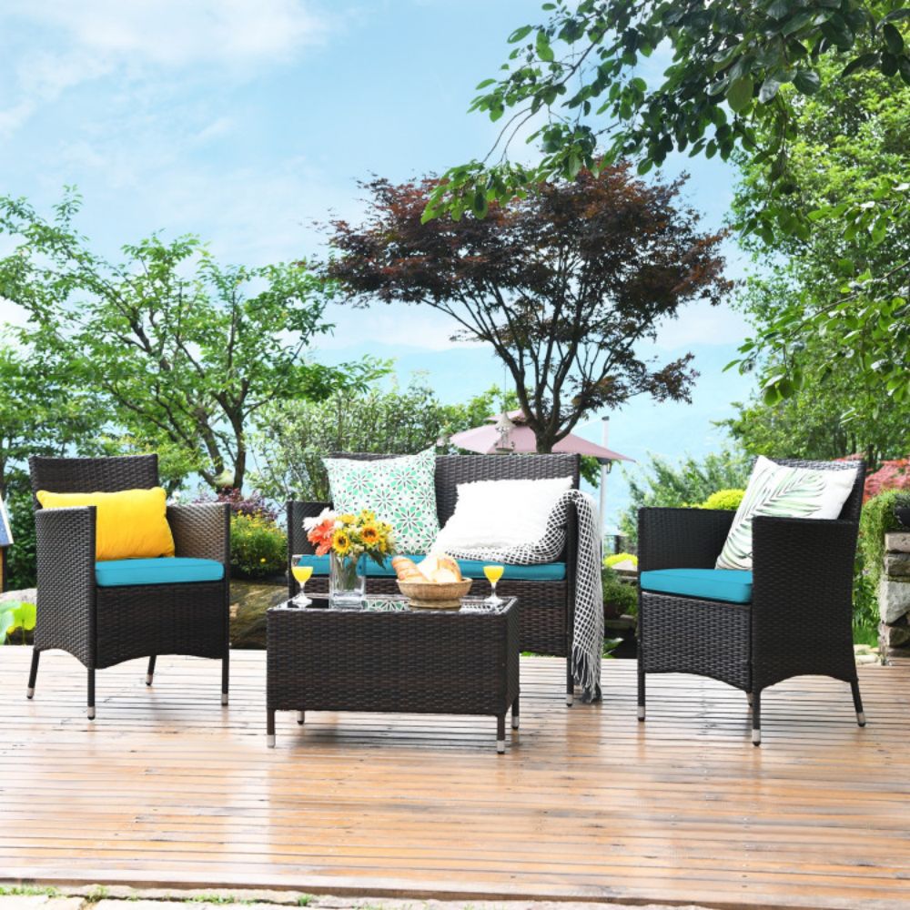 4-Piece Outdoor Wicker Conversation Furniture Set with Turquoise Cushions and Tempered Glass Table