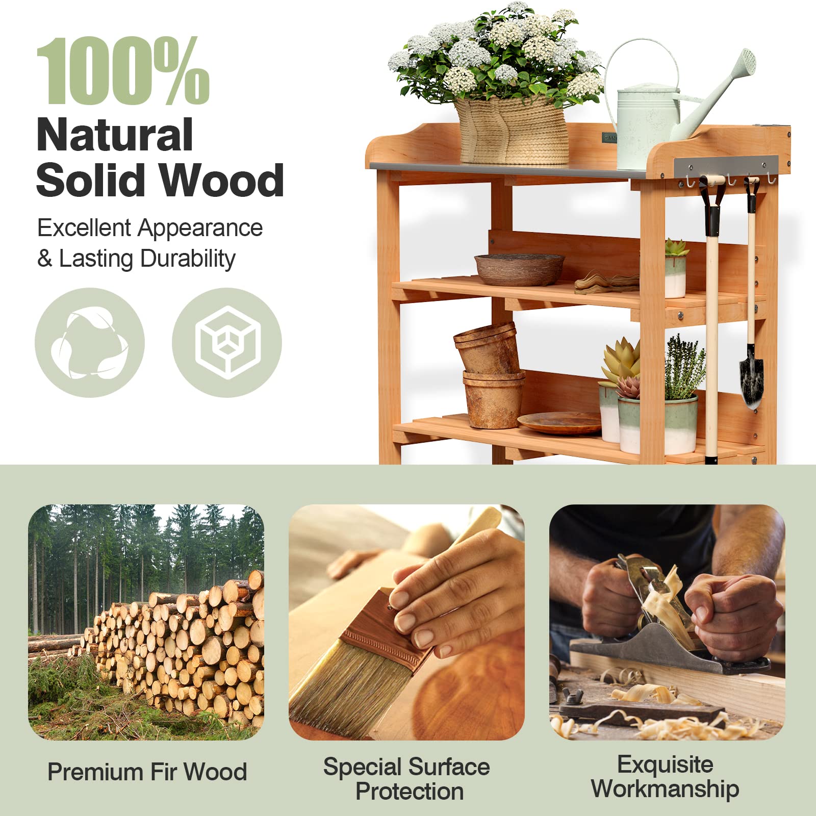 Natural Wood Potting Bench Work Station with Hook