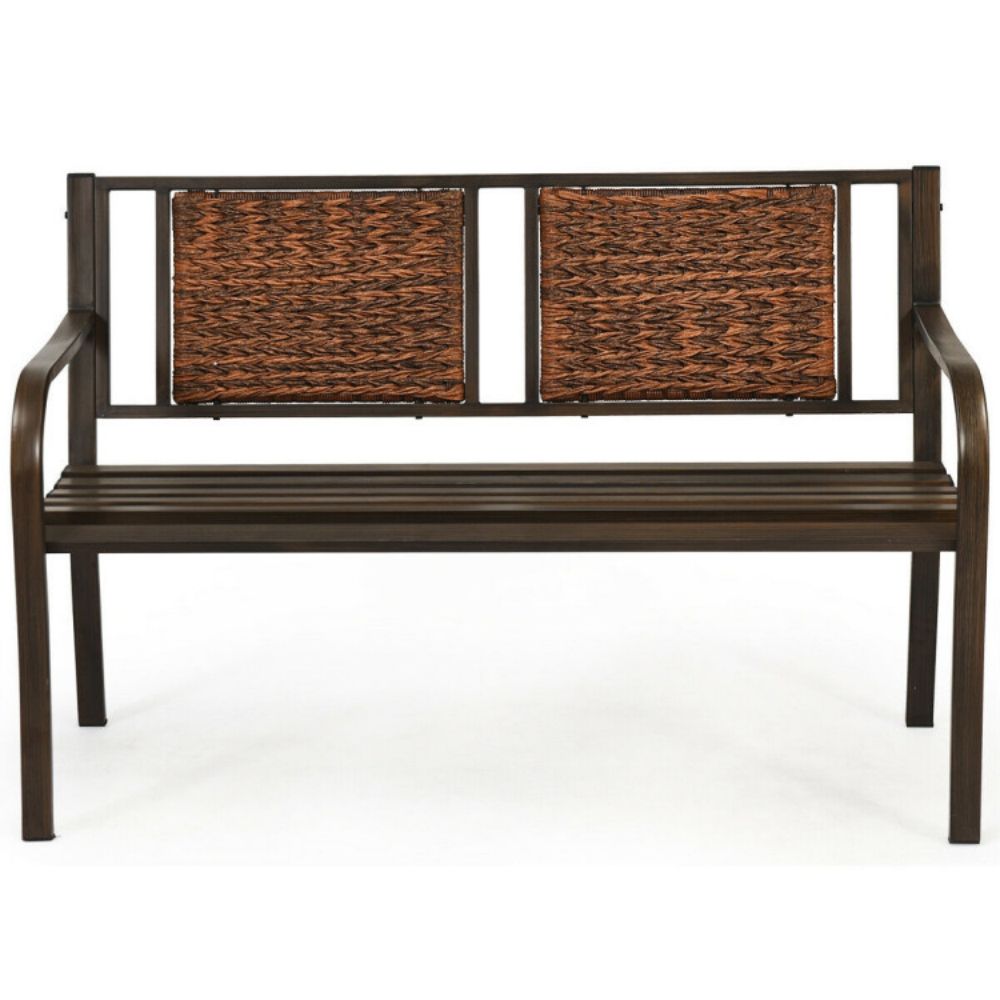 50.5 in. 2-Person Rattan Metal Outdoor Porch Patio Garden Bench