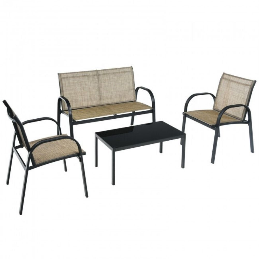 Brown 4-Piece Metal Furniture Patio Conversation Set with Glass Top Coffee Table