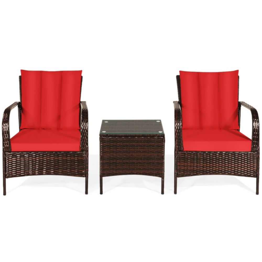 3-Pieces Outdoor Wicker Patio Conversation Furniture Set with Red Cushion