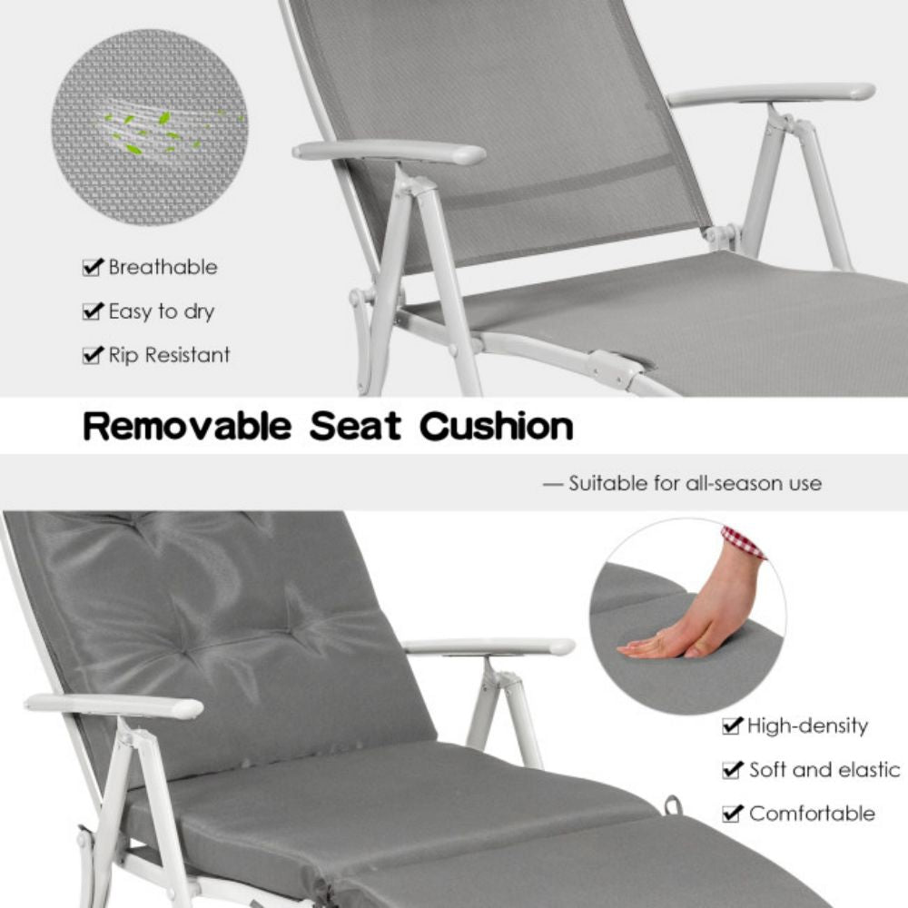 Metal Outdoor Folding Chaise Lounge with Gray Cushions