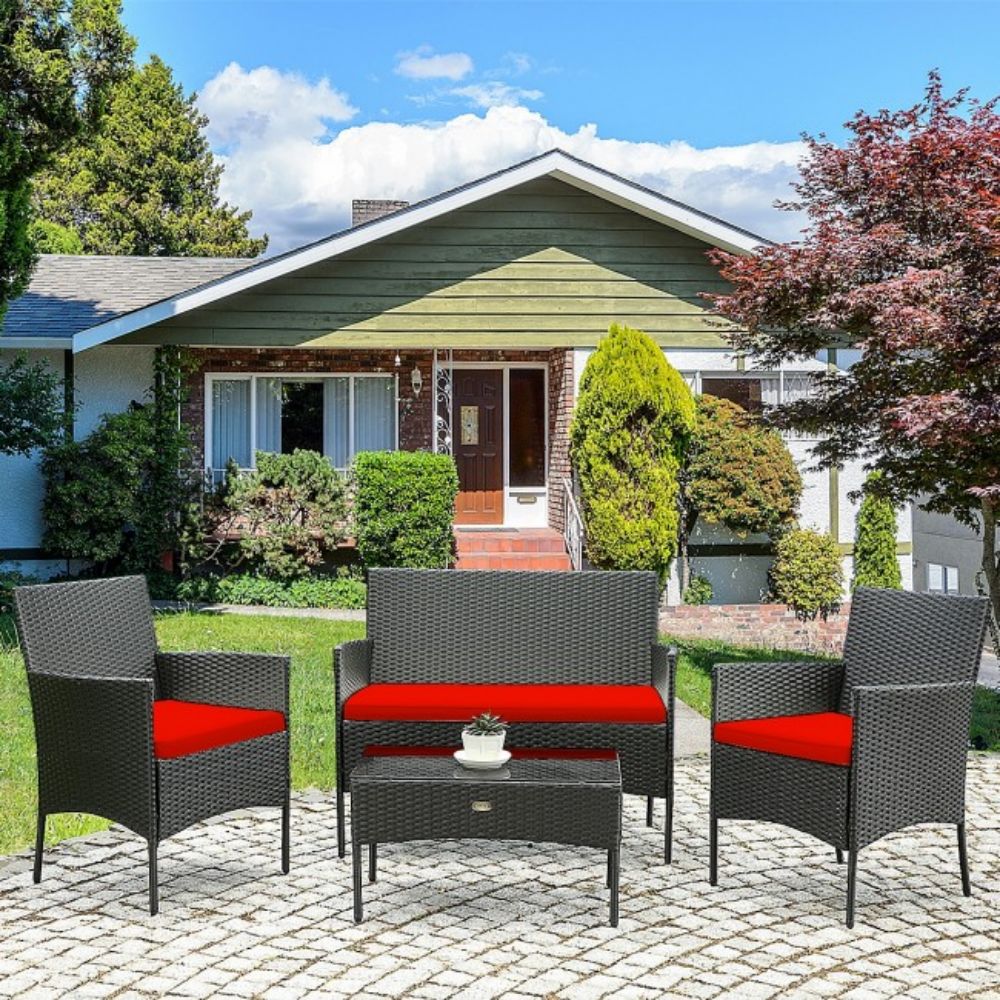 4-Piece Rattan Outdoor Conversation Seating Set with Red Cushion and Patio Tempered Glass Table