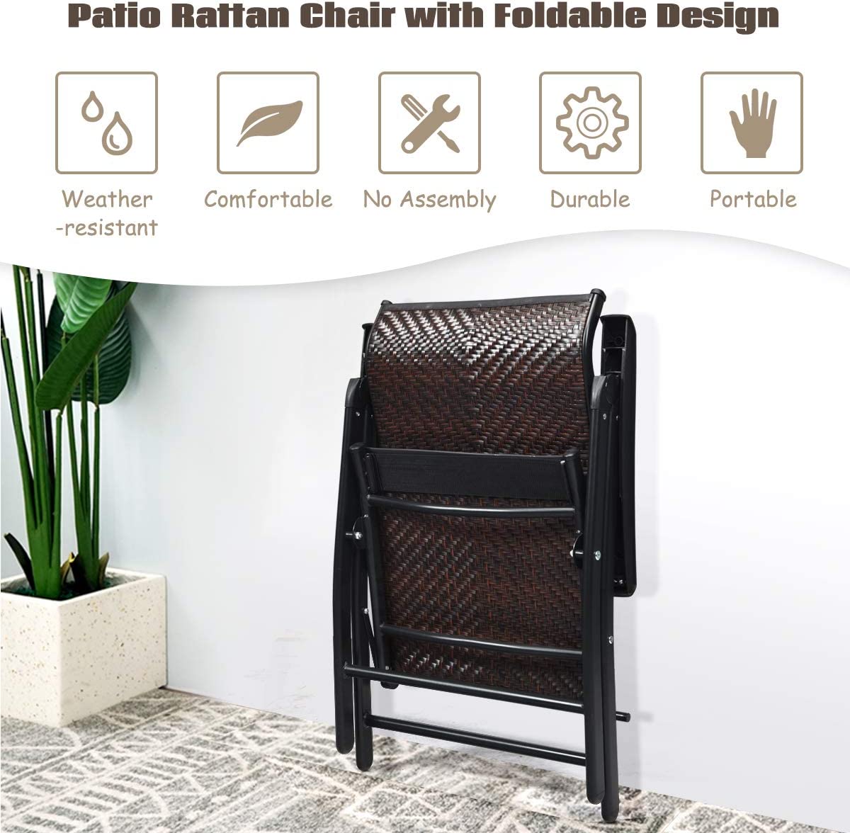Outdoor Patio Rattan Folding Reclining Back Adjustable Portable Camping Chair (2-Pack)