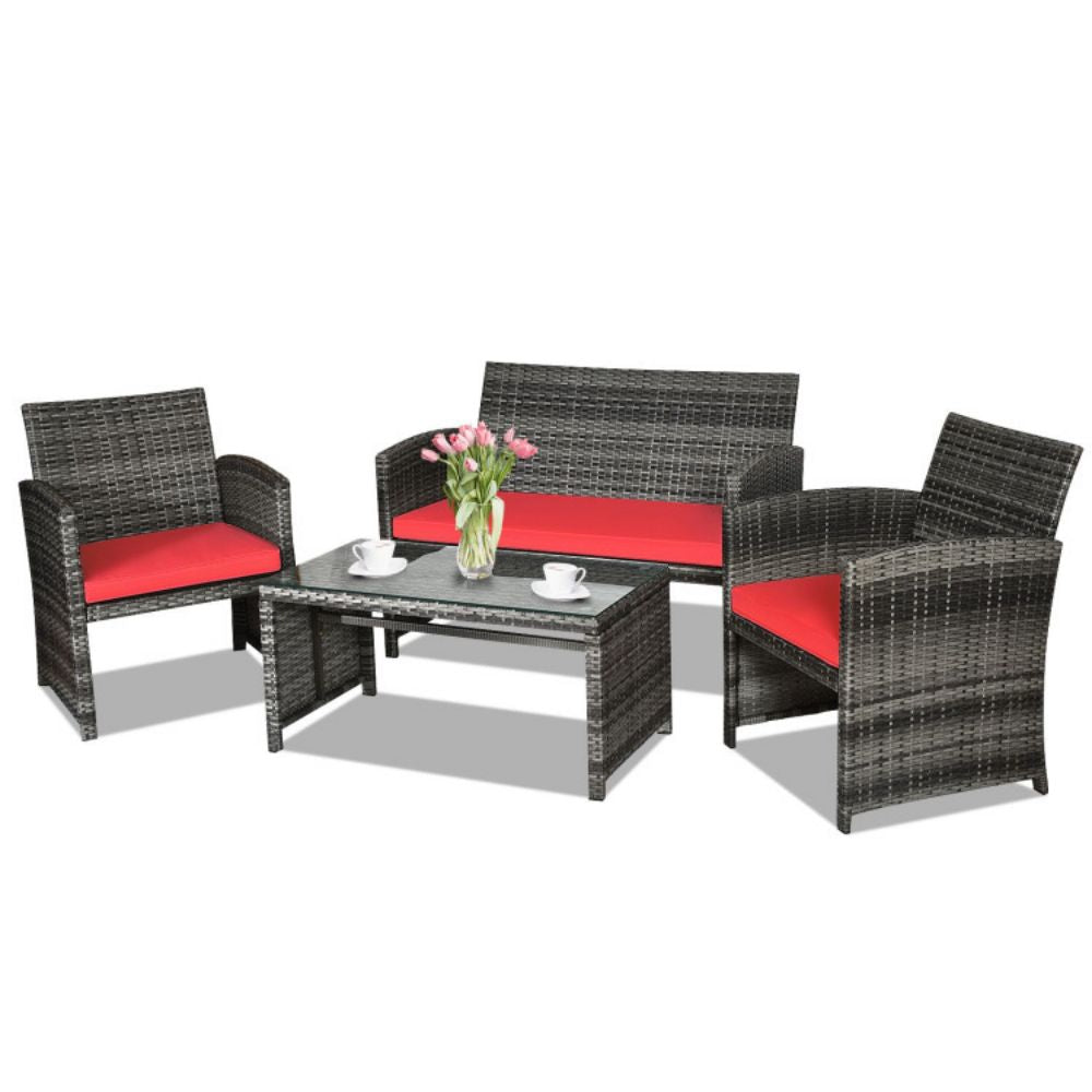 4-Piece Outdoor Wicker Conversation Furniture Set with Red Cushions and Tempered Glass Table