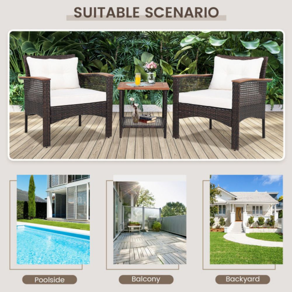3-Pieces Rattan Outdoor Patio Conversation Set with White Cushions