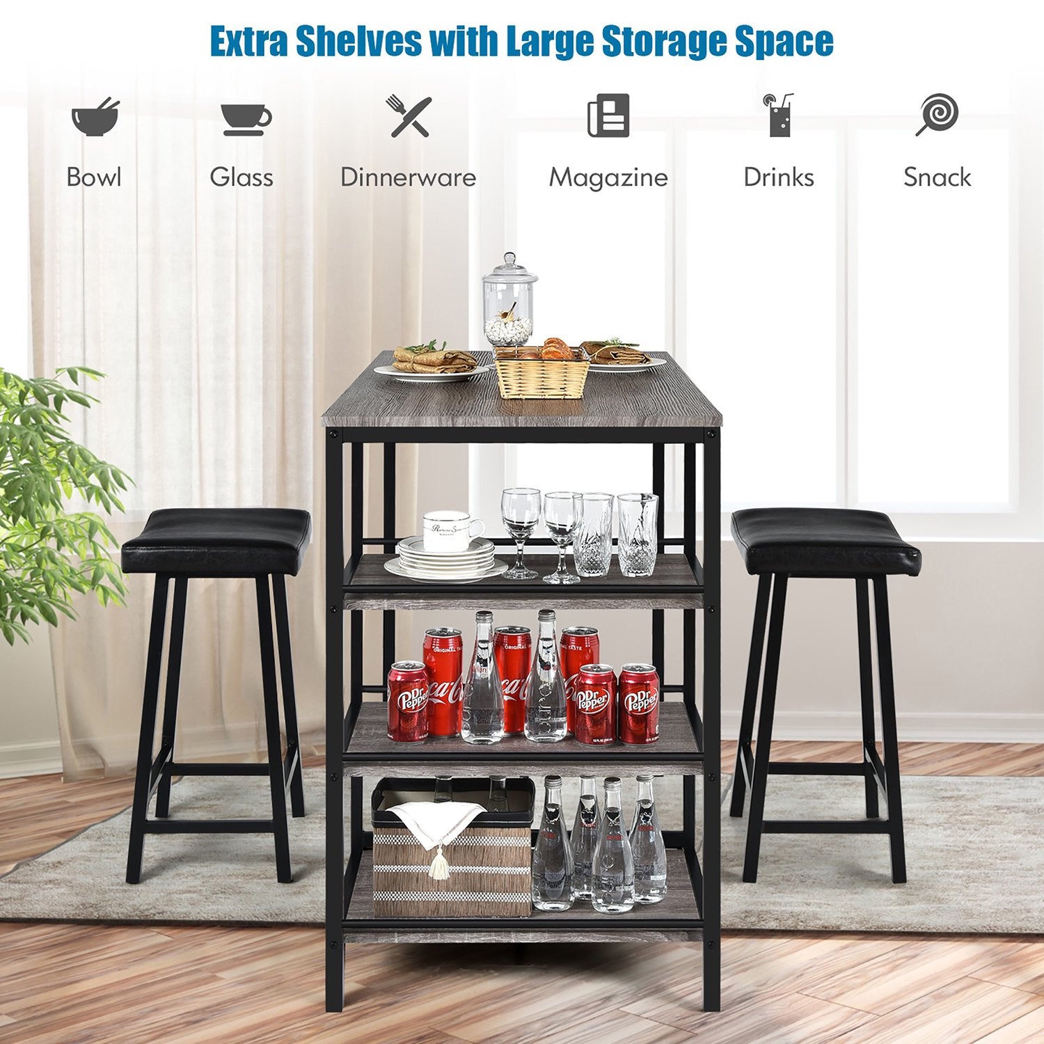 SUGIFT 3 Piece Counter Height Dining Bar Table Set w/2 Stools and 3 Storage Shelves Grey Black