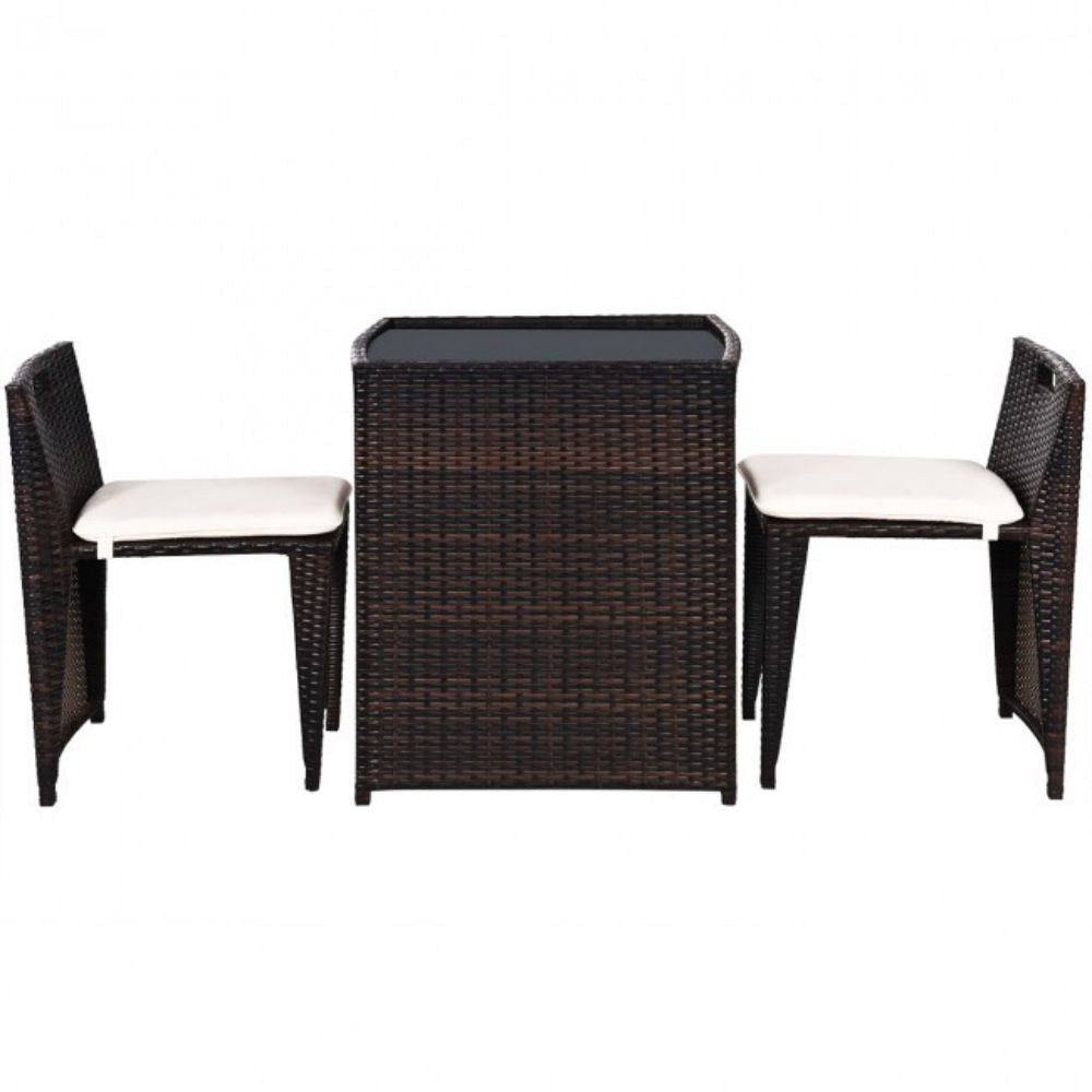 3-Pieces Wicker Patio Outdoor Chair and Table Set with Beige Cushions