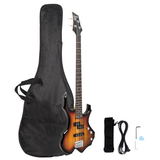 Luobod Burning Fire Electric Bass Guitar Full Size 4 String, Sunset Color