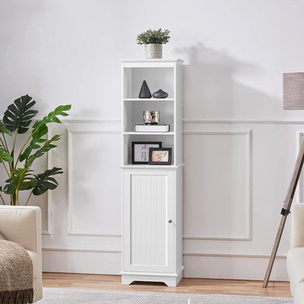 SUGIFT Tall Slim Cabinet with 3 Shelves & Door, Floor Freestanding Linen Cabinet for Bathroom, Living Room
