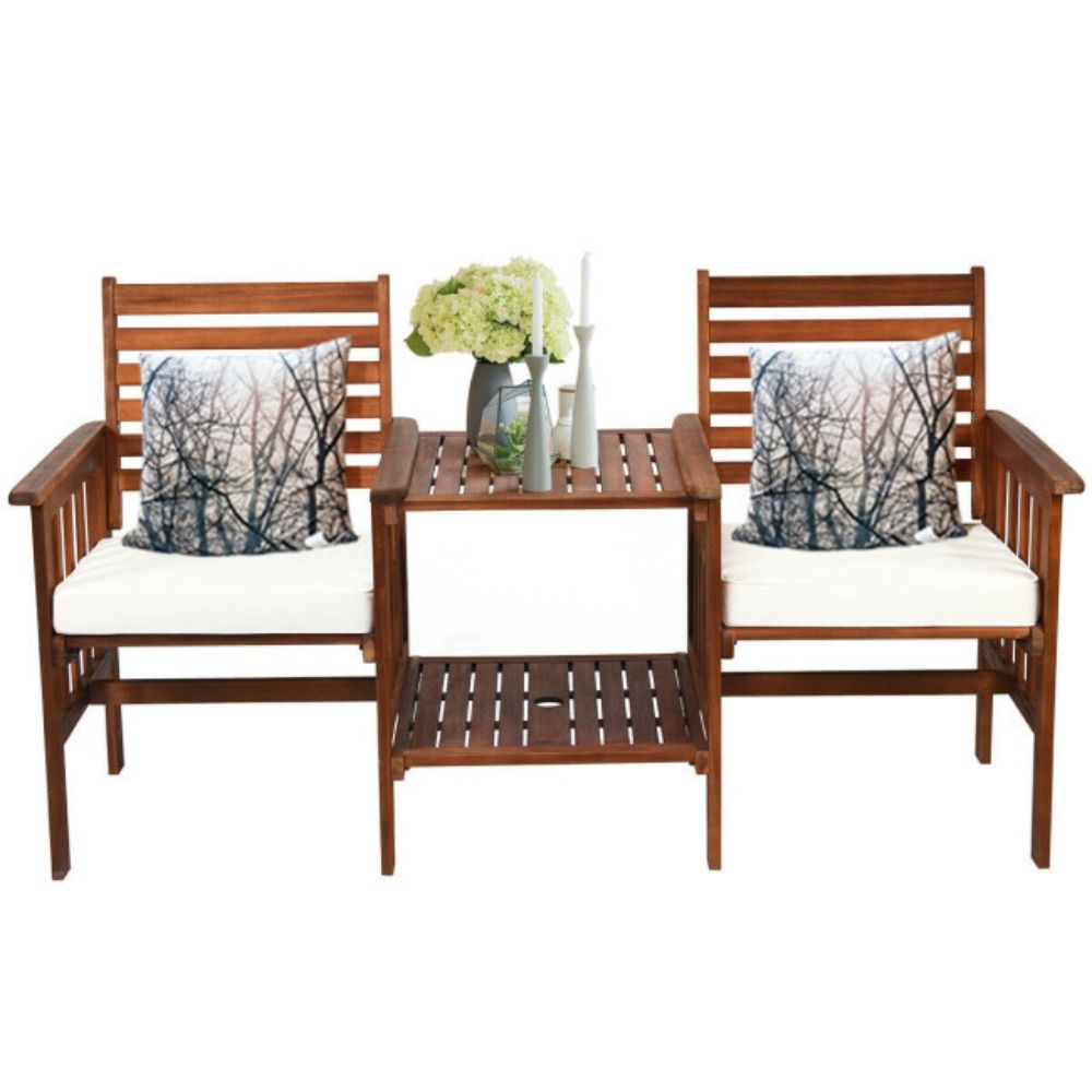 3-Piece Outdoor Wood Patio Conversation Set Acacia Wood Chair Coffee Table with White Cushions