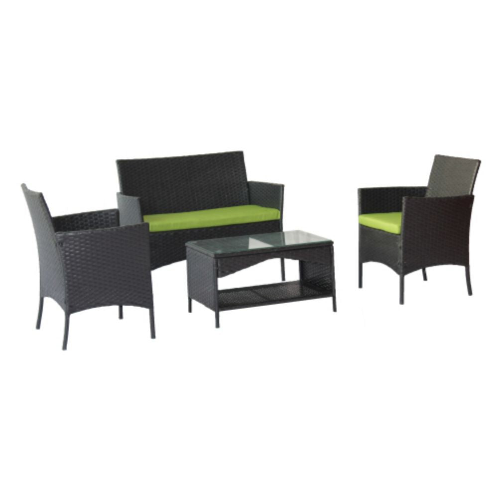 4-Piece Outdoor Wicker Conversation Furniture Set with Green Cushions and Tempered Glass Table