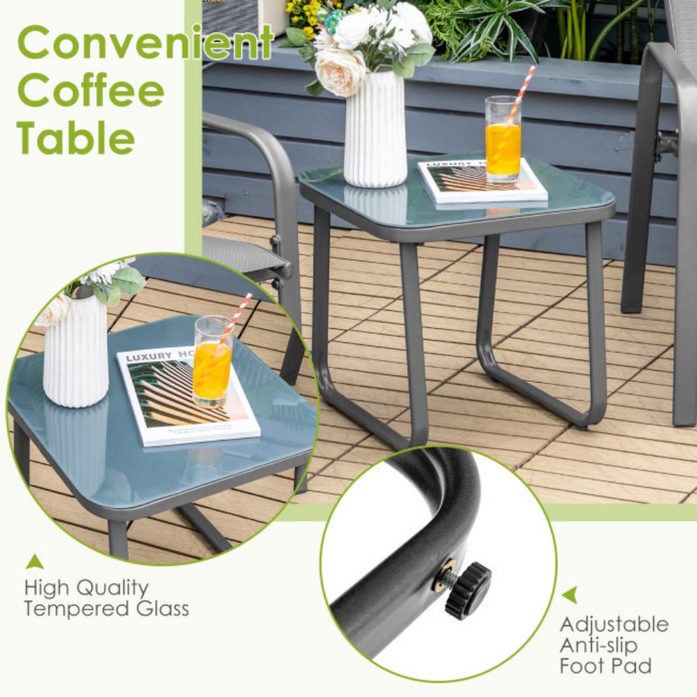 Gray 3-Pieces Metal Stackable Outdoor Patio Bistro Conversation Set with Adjustable Backrest