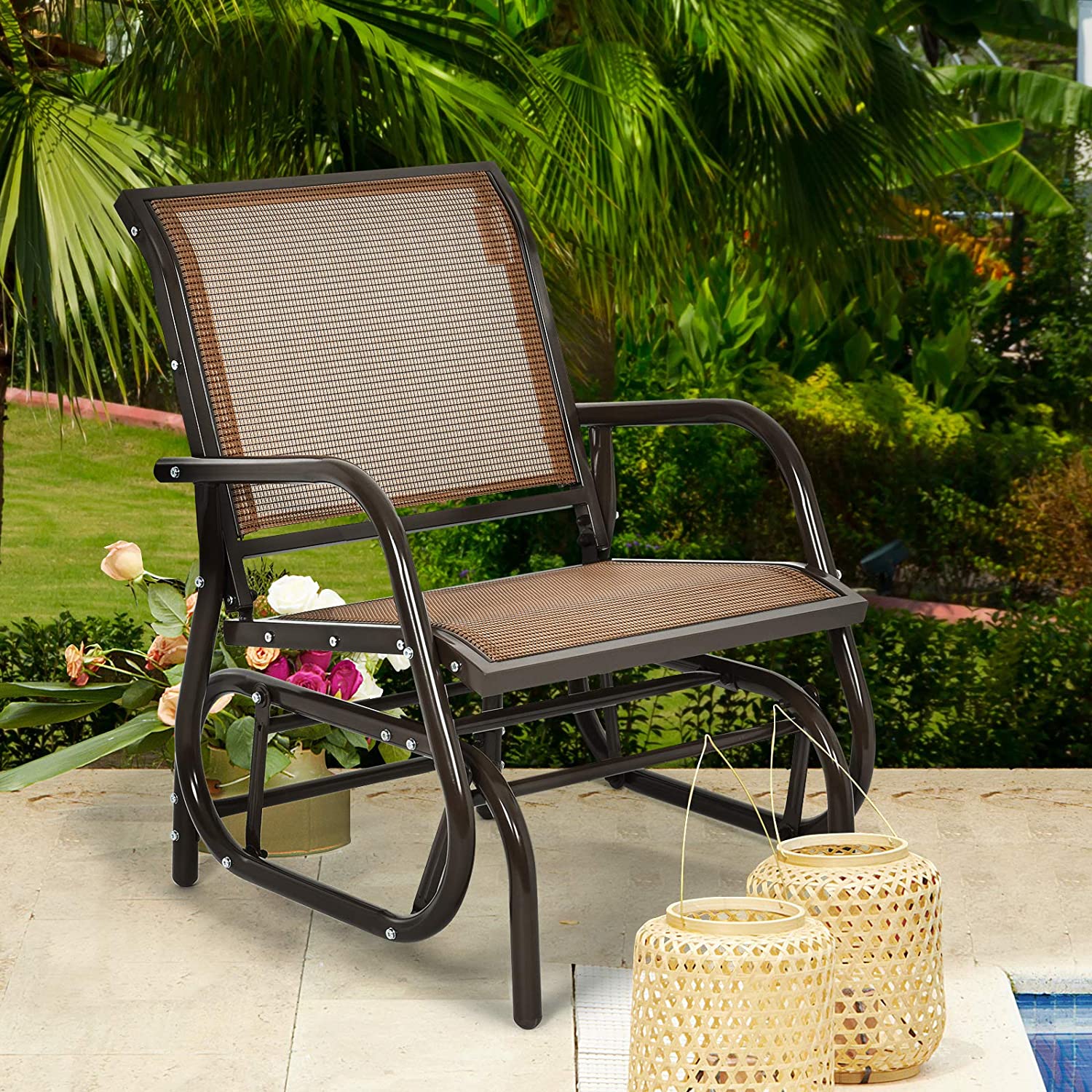 Brown Metal Steel Single Outdoor Swing Glider Rocking Chair with Armrest