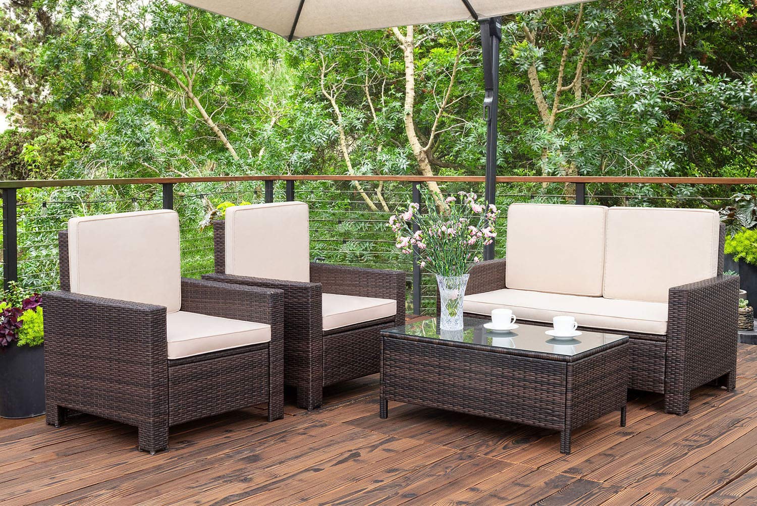 SUGIFT 4 Pieces Outdoor Patio Furniture Sets Rattan Chair Wicker Conversation Sofa Set, Outdoor Indoor Backyard Porch Garden Poolside Balcony Use Furniture, Beige