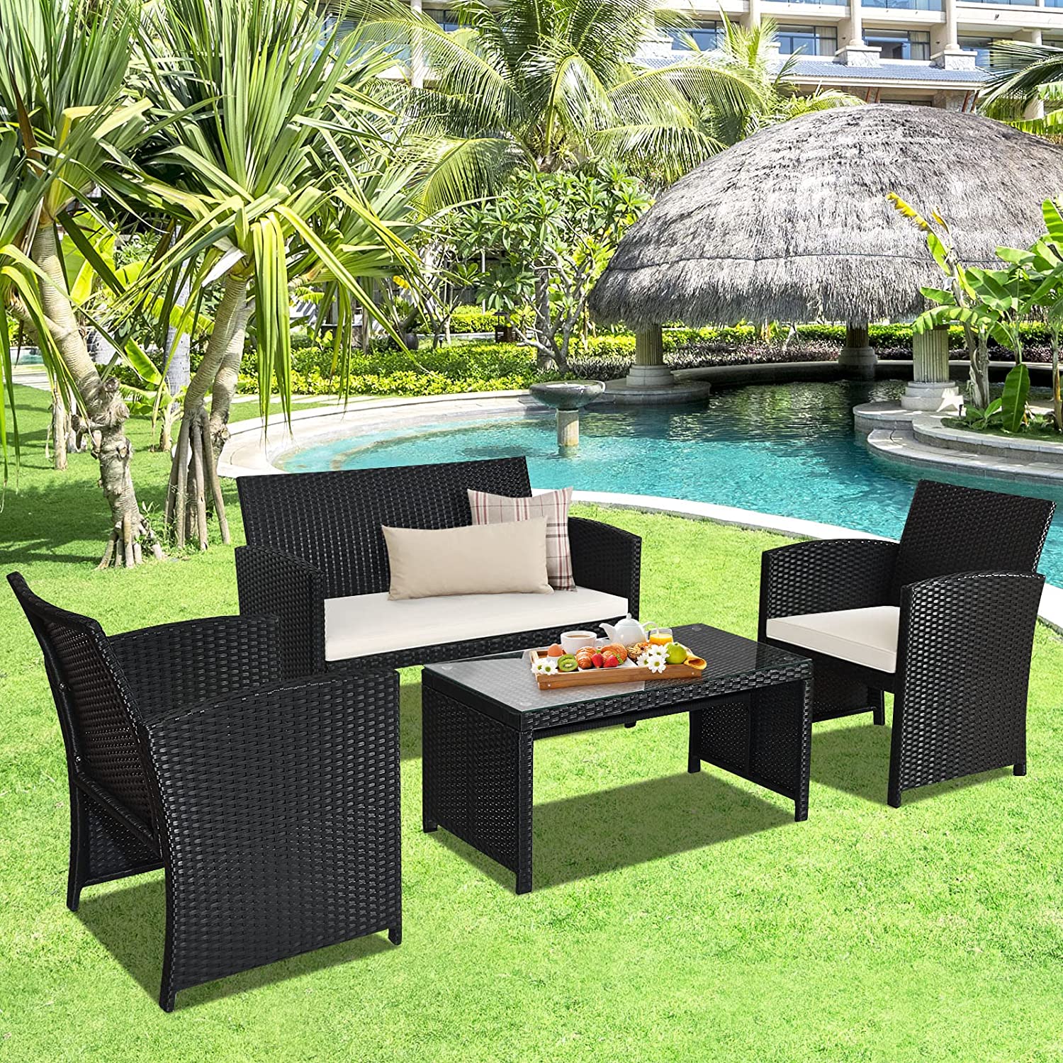 4-Piece Outdoor Wicker Conversation Furniture Set with White Cushion and Tempered Glass Table
