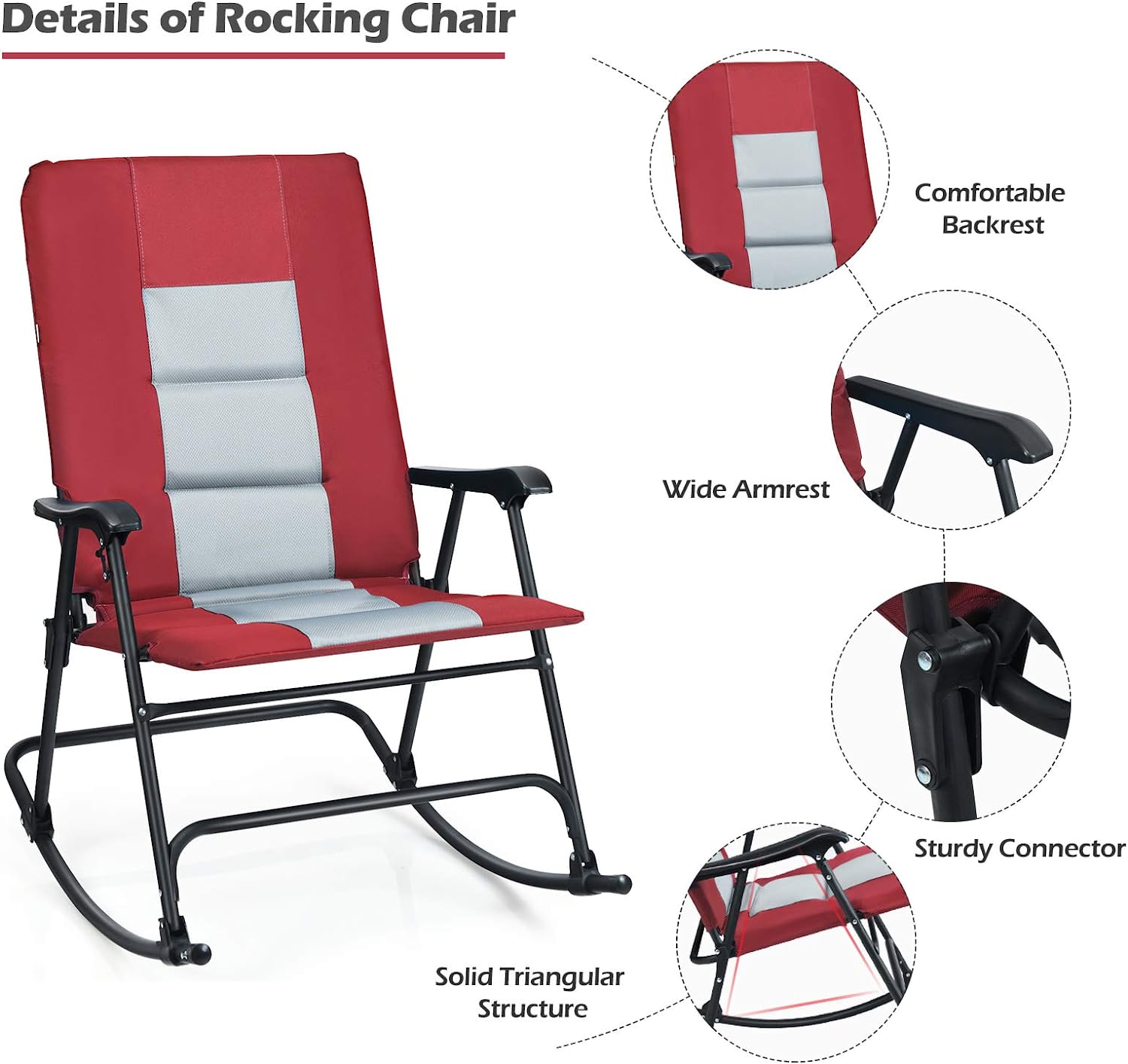 Metal Foldable Padded Portable Camping Outdoor Rocking Chair in Red with Backrest and Armrest