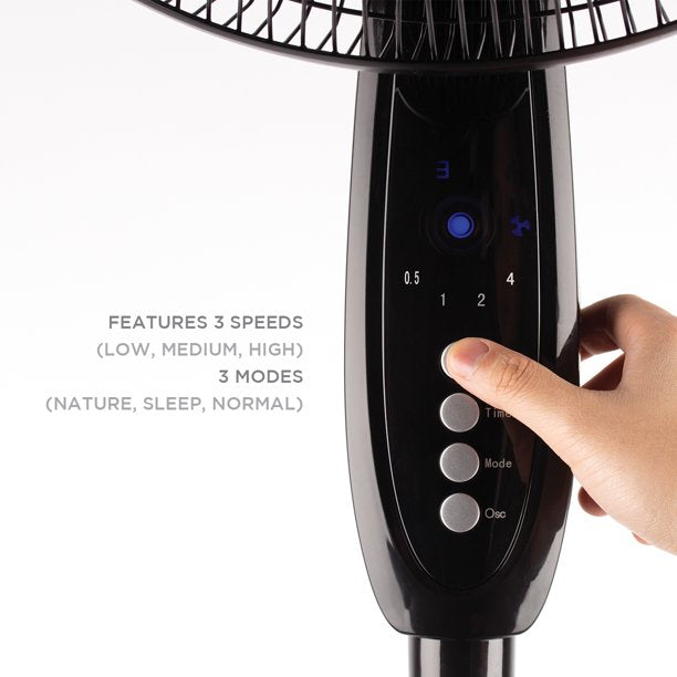 SUGIFT 16in Dual-Blade Oscillating 3-Speed Stand Fan, Black