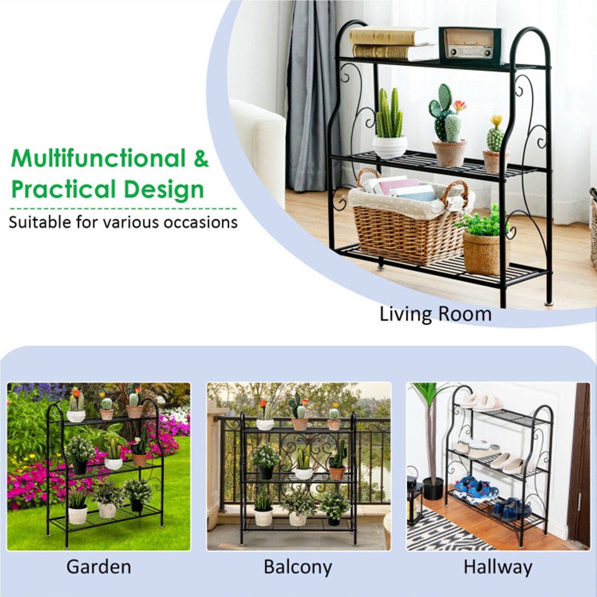 Black Indoor/Outdoor Scrollwork Designed Steel Plant Stand (3-Tier)