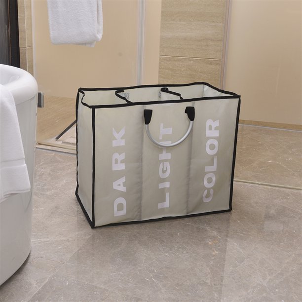 Portable Three Lattice Large Capacity Laundry Basket, Light Gray