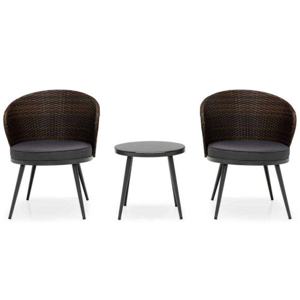 3-Pieces Rattan Outdoor Patio Conversation Set with Black Cushions