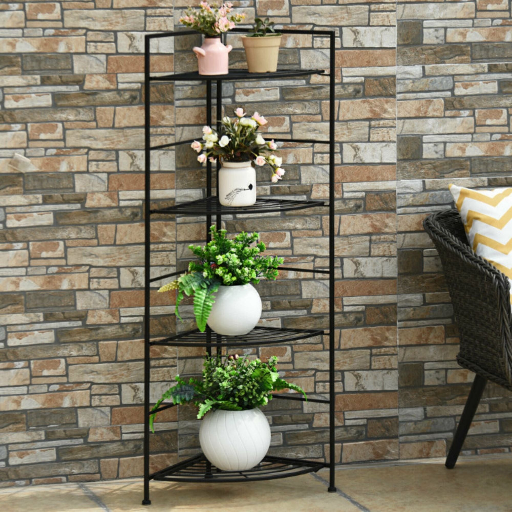 Indoor/Outdoor Folding Black Metal Shelf Plant Stand Storage Open Shelf Corner Display Rack (4-Tier)