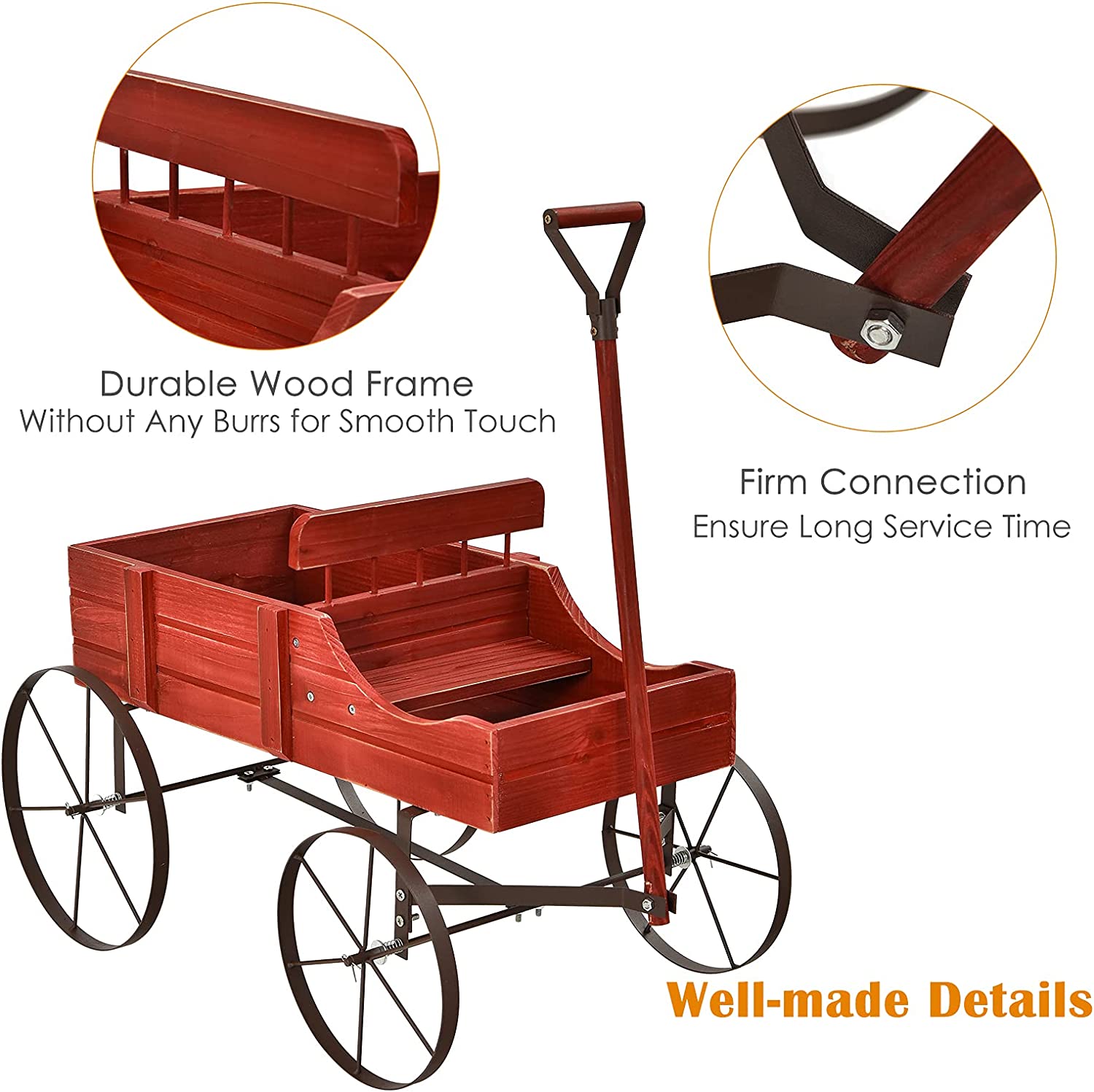 Wooden Wagon Plant Bed in Red with Metal Wheels