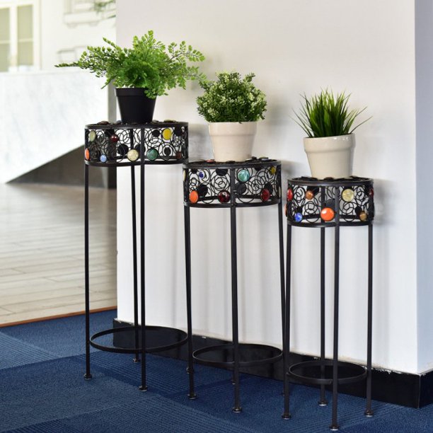 SUGIFT Plant Stand Storage 3 Pieces Round Display Ceramic Beads Metal Plant Stand