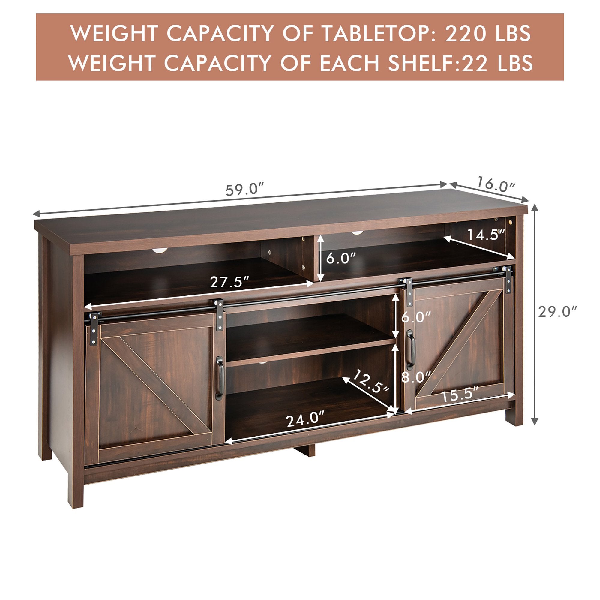 SUGIFT 59 Inch TV Stand with Sliding Double Barn Door for TVs up to 65 Inch Brown