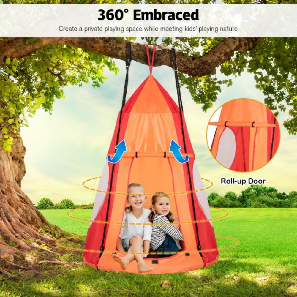 Outdoor 2-in-1 Kids Orange Hanging Chair Detachable Sling Patio Swing Tent