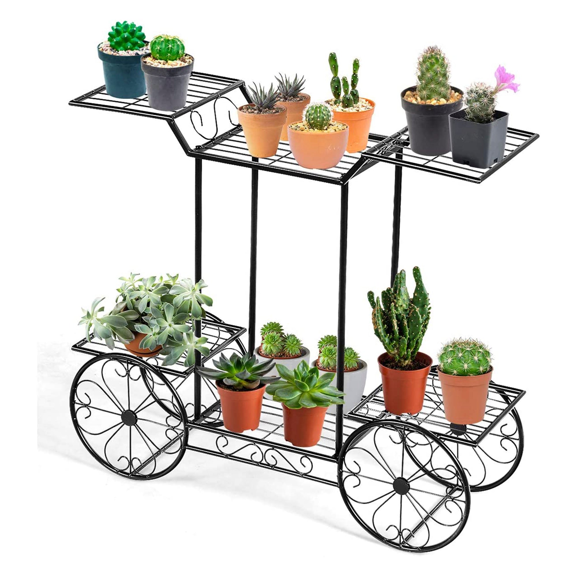 Black Metal Indoor/Outdoor Garden Cart Stand Flower Rack Display Decor Pot Plant Holder (6-Tier)